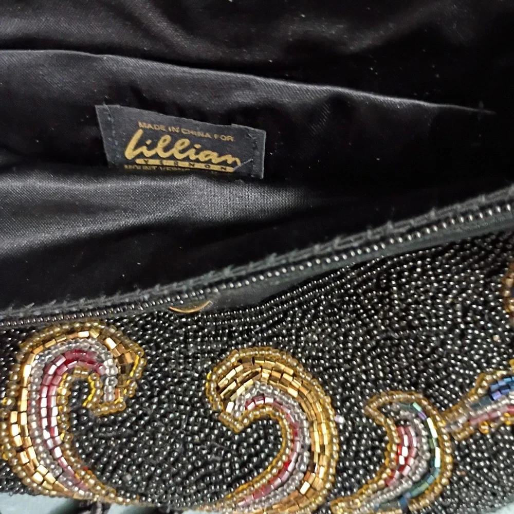 Lillian Vernon Vintage Beaded Evening Bag Black Floral Crossbody Clutch LV6751